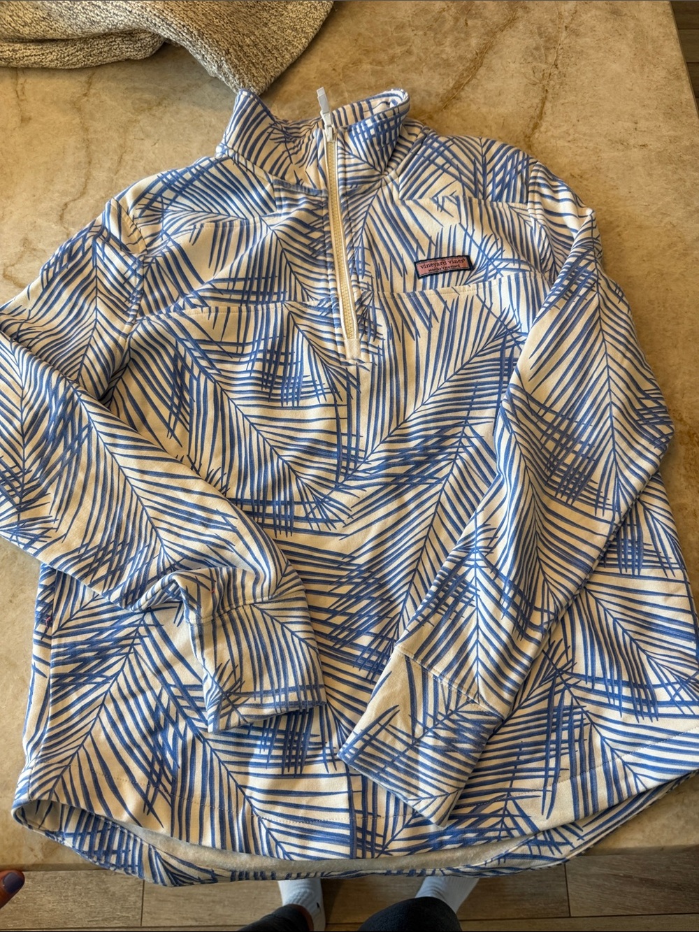 Vineyard Vines Blue Palm-Print Cream Quarter-Zip Pullover